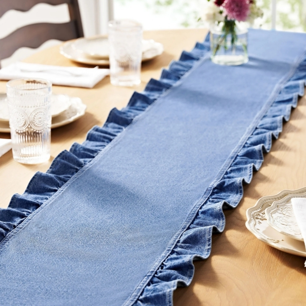 💕 The Pioneer Woman Ruffle Blue Denim Table Runner Linens
